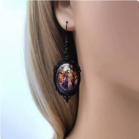 Retro oval pendant earrings - Halloween gothic ghost bat earrings