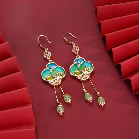 Green landscape design earrings