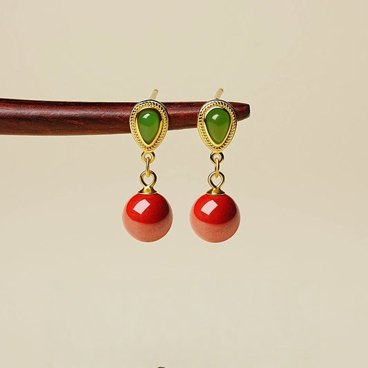 Emerald Green Jade Cinnabar Earrings - Health & Longevity Gift