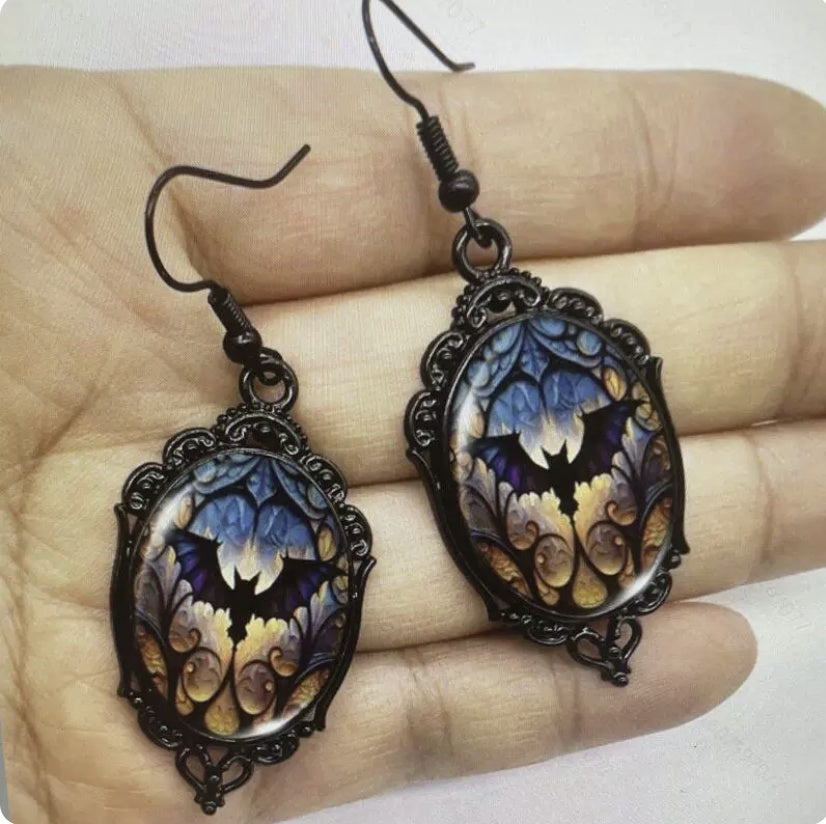 Retro oval pendant earrings - Halloween gothic ghost bat earrings