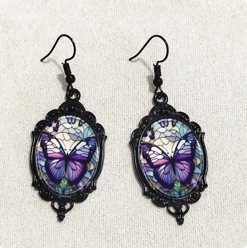 Retro oval pendant earrings - Halloween gothic ghost bat earrings