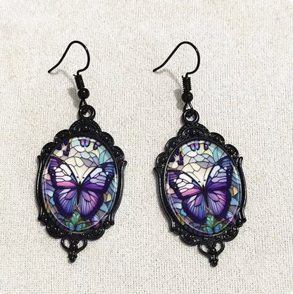 Retro oval pendant earrings - Halloween gothic ghost bat earrings