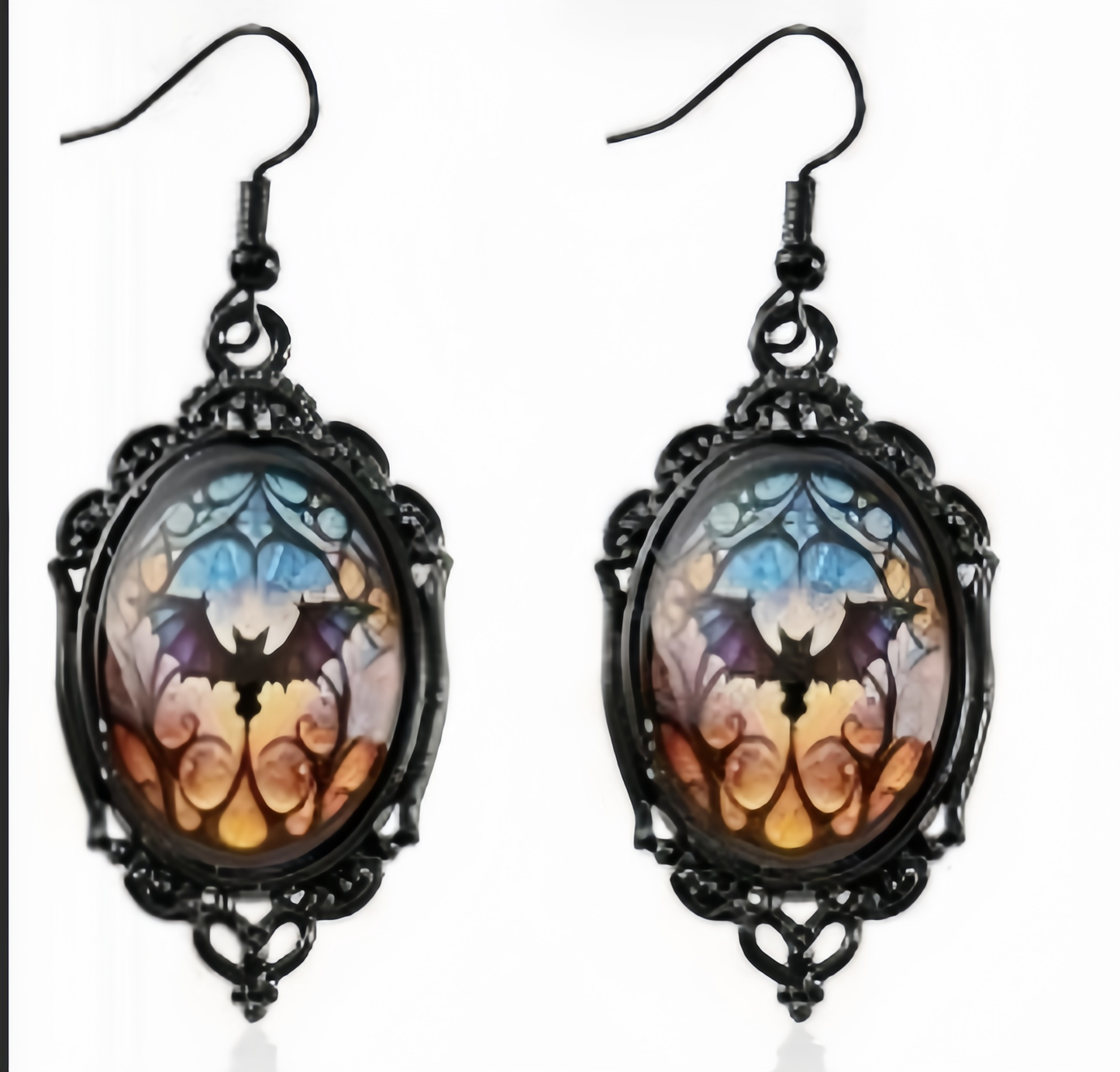 Retro oval pendant earrings - Halloween gothic ghost bat earrings
