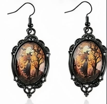 Retro oval pendant earrings - Halloween gothic ghost bat earrings