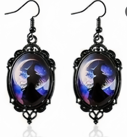 Retro oval pendant earrings - Halloween gothic ghost bat earrings