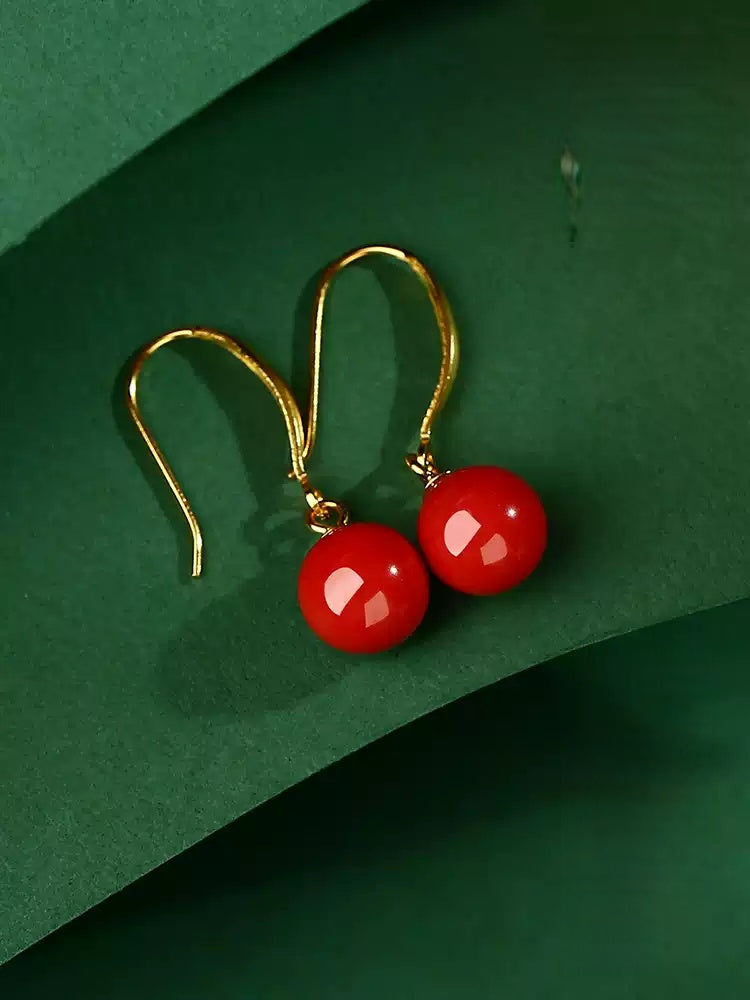 Golden Hook, Red Jade, and Cinnabar Earrings - Health & Longevity Gift