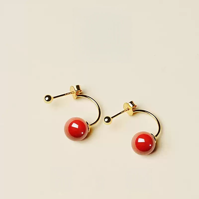 Gold hook polishes red jade and cinnabar Earrings - Health & Longevity Gift