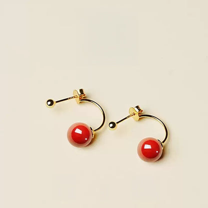 Gold hook polishes red jade and cinnabar Earrings - Health & Longevity Gift
