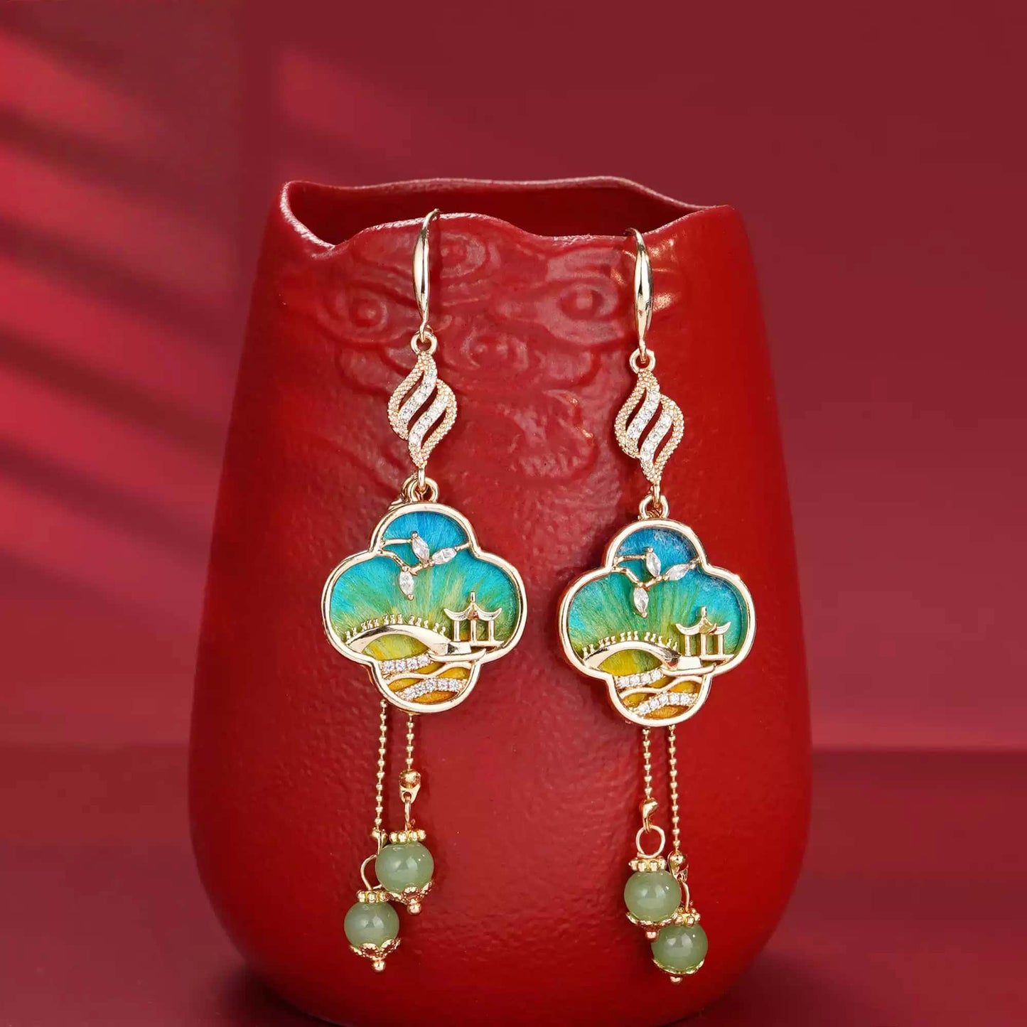 Green landscape design earrings