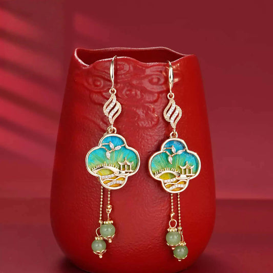 Green landscape design earrings