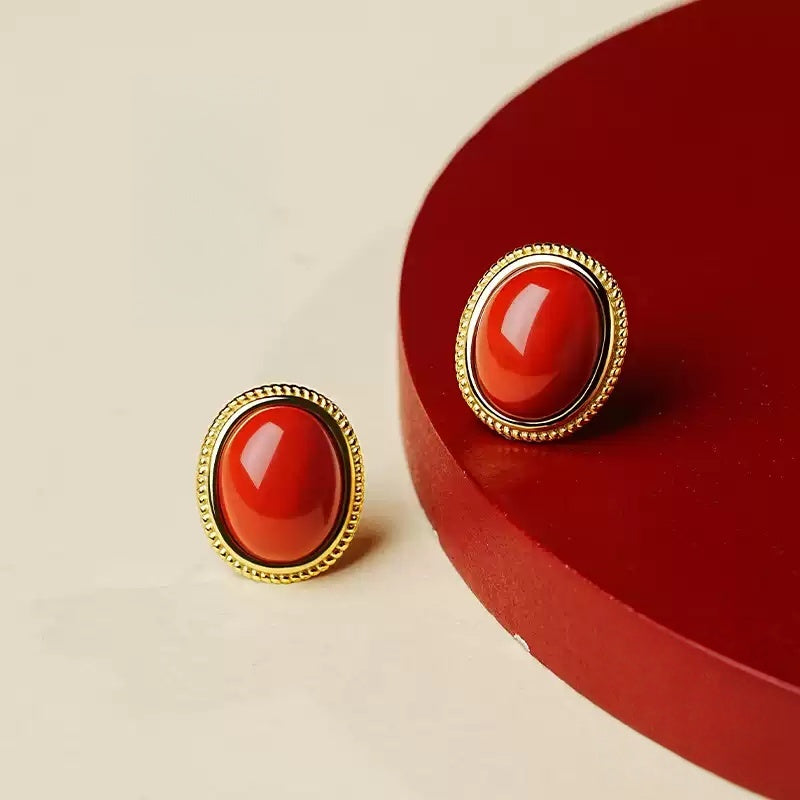 Gold-rimmed Ruby Earrings - Health & Longevity Gift