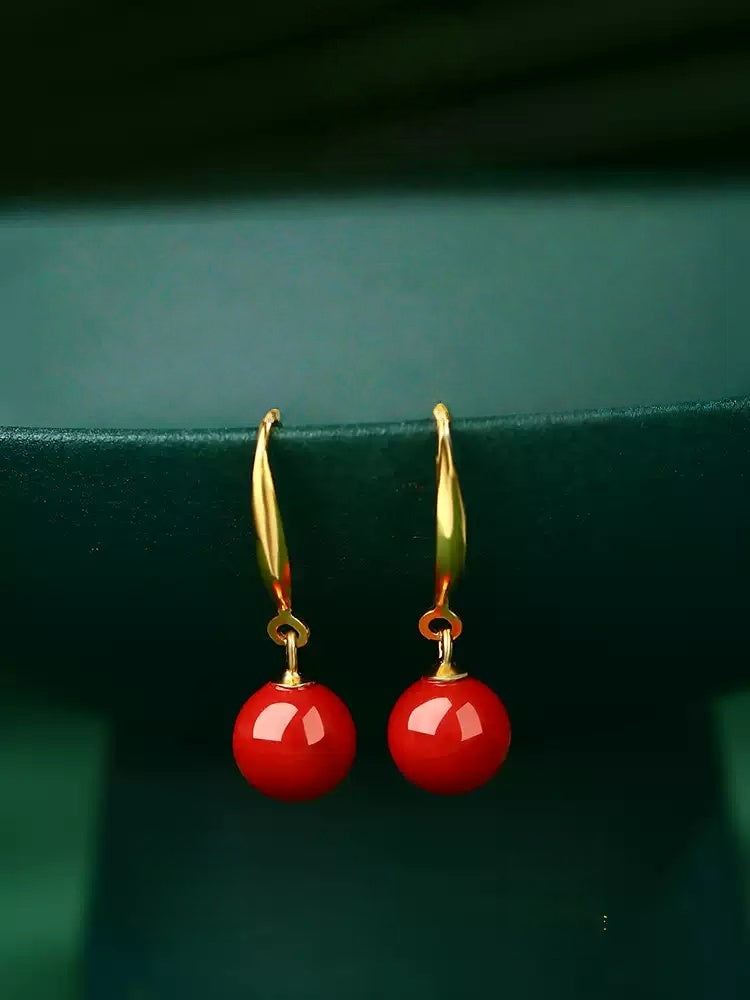 Golden Hook, Red Jade, and Cinnabar Earrings - Health & Longevity Gift