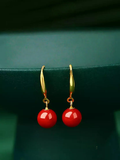 Golden Hook, Red Jade, and Cinnabar Earrings - Health & Longevity Gift