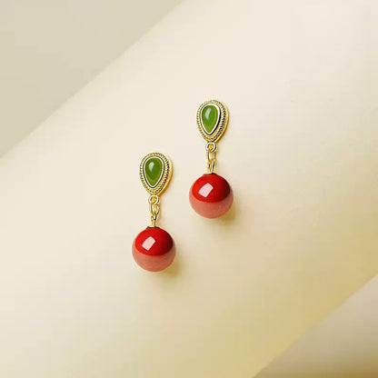 Emerald Green Jade Cinnabar Earrings - Health & Longevity Gift