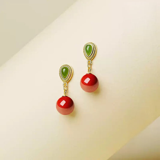 Emerald Green Jade Cinnabar Earrings - Health & Longevity Gift