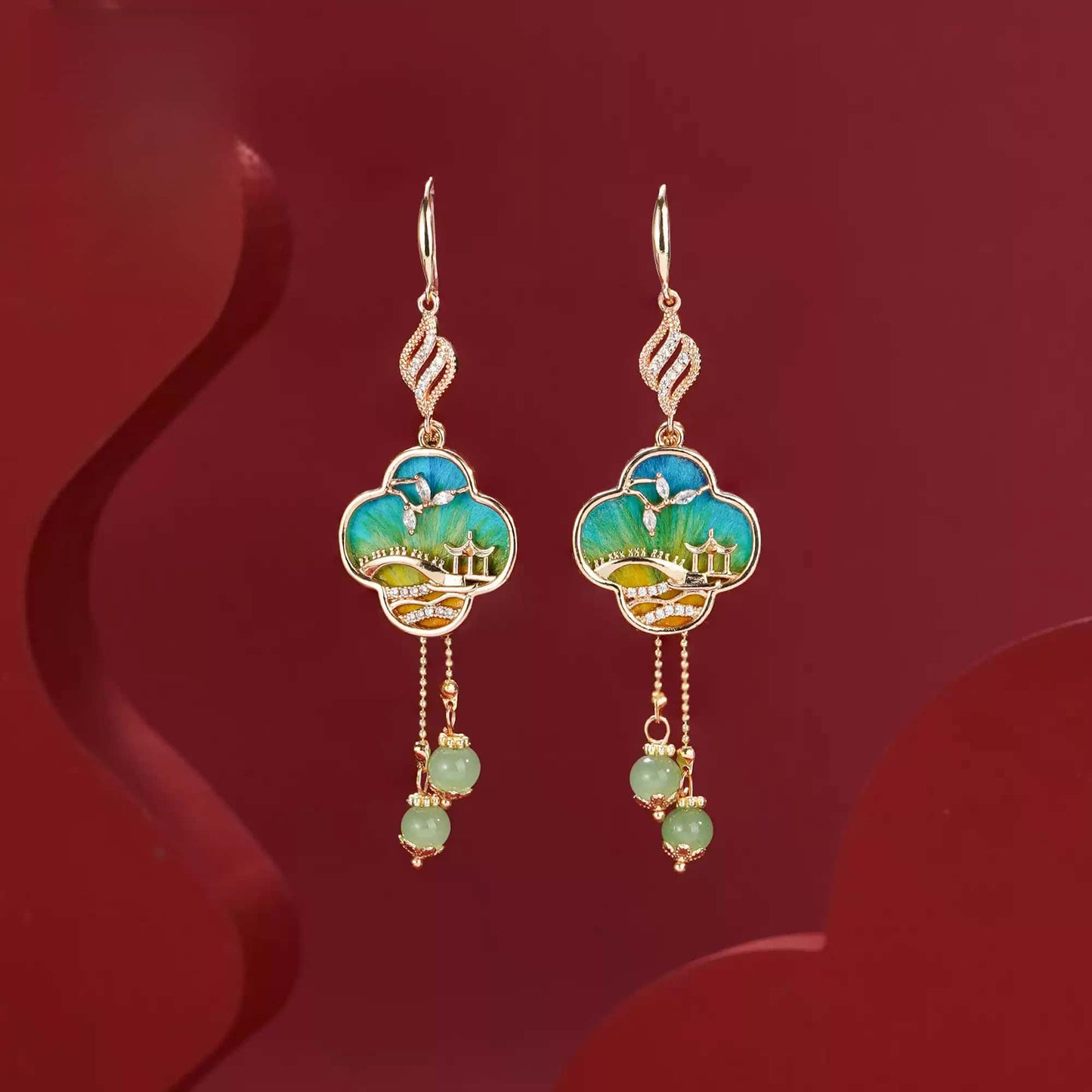 Green landscape design earrings