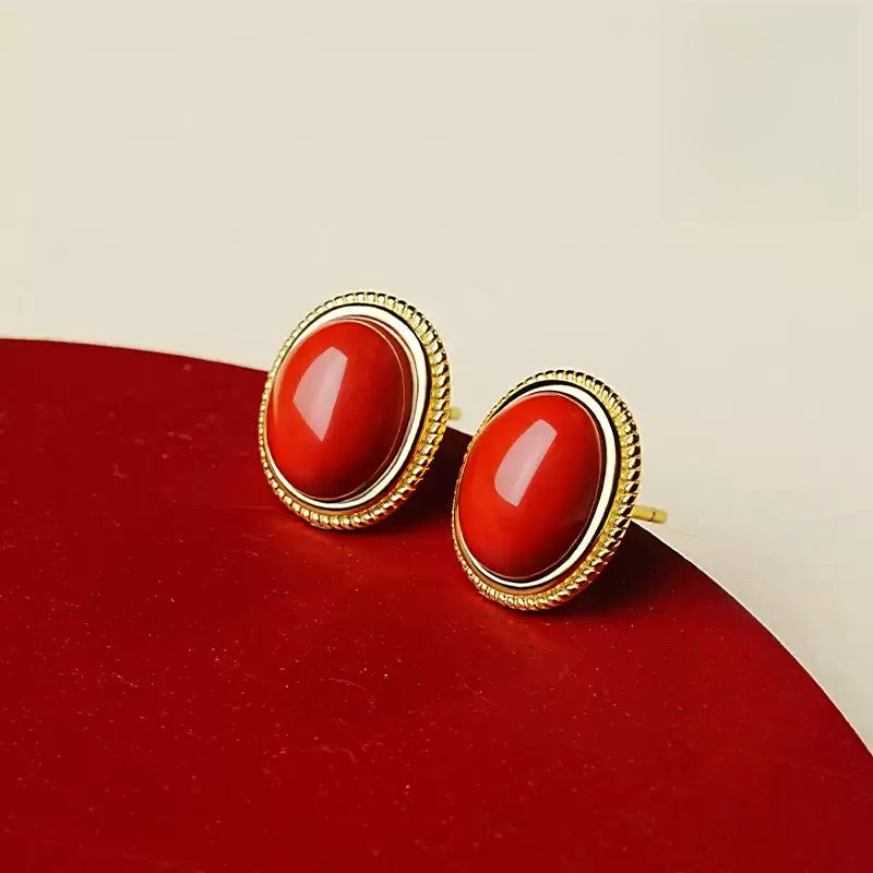Gold-rimmed Ruby Earrings - Health & Longevity Gift