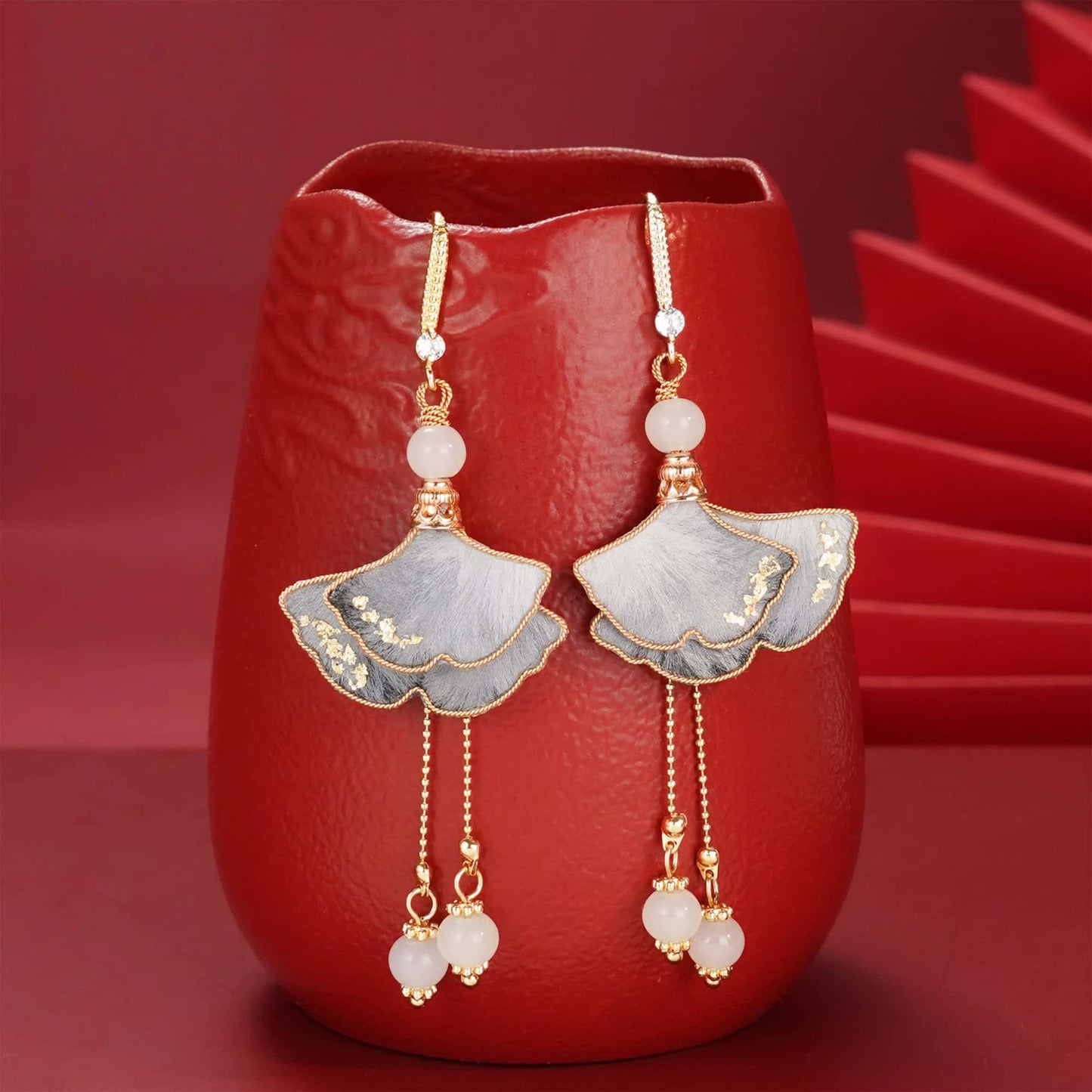 gray ginkgo leaves earrings