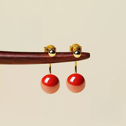 Gold hook polishes red jade and cinnabar Earrings - Health & Longevity Gift