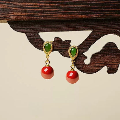 Emerald Green Jade Cinnabar Earrings - Health & Longevity Gift