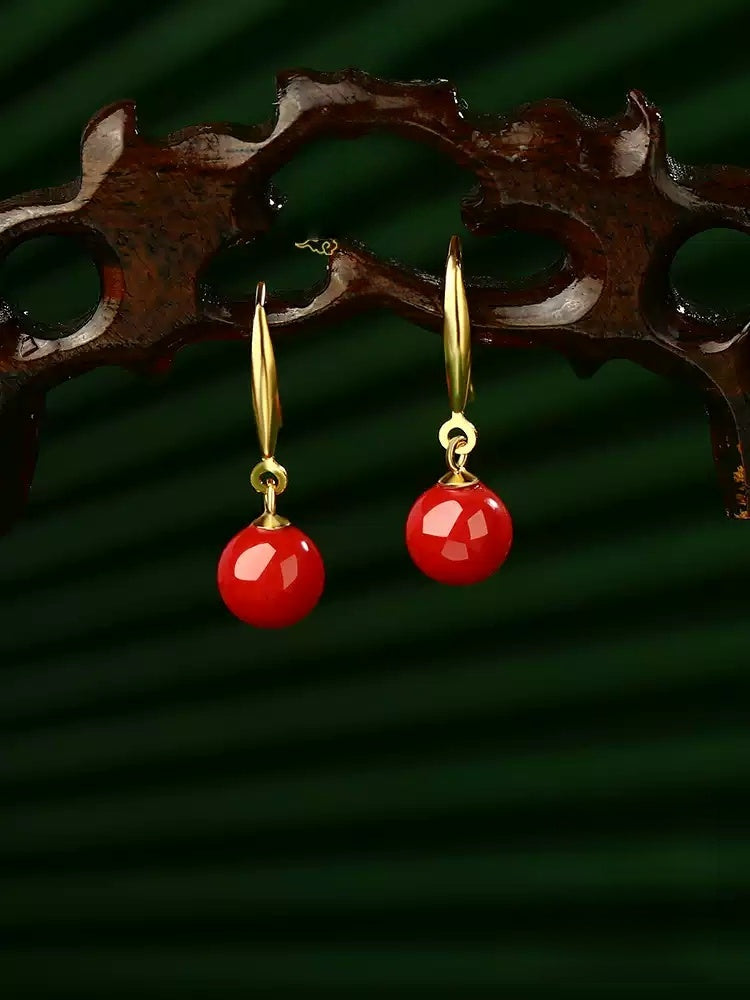 Golden Hook, Red Jade, and Cinnabar Earrings - Health & Longevity Gift