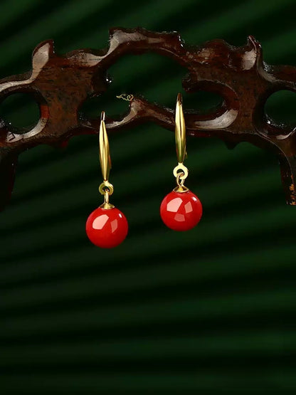 Golden Hook, Red Jade, and Cinnabar Earrings - Health & Longevity Gift
