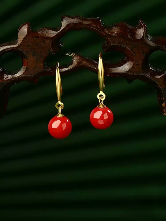 Golden Hook, Red Jade, and Cinnabar Earrings - Health & Longevity Gift
