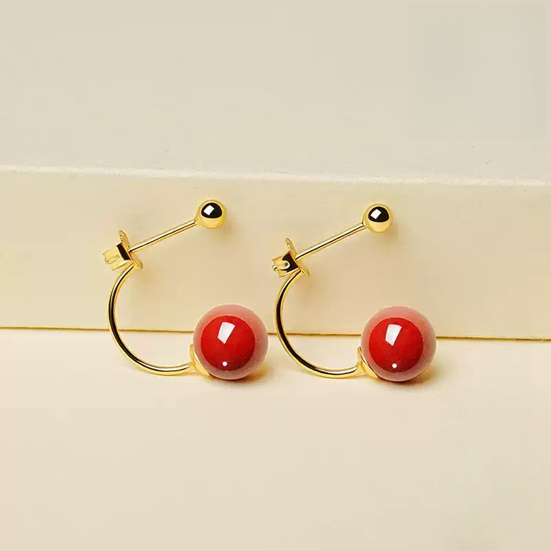 Gold hook polishes red jade and cinnabar Earrings - Health & Longevity Gift