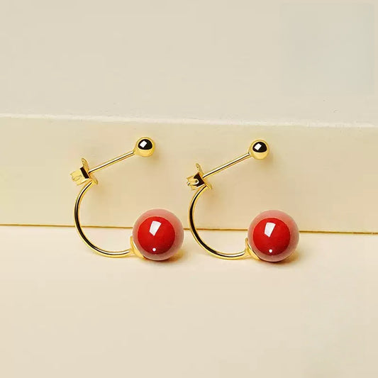 Gold hook polishes red jade and cinnabar Earrings - Health & Longevity Gift
