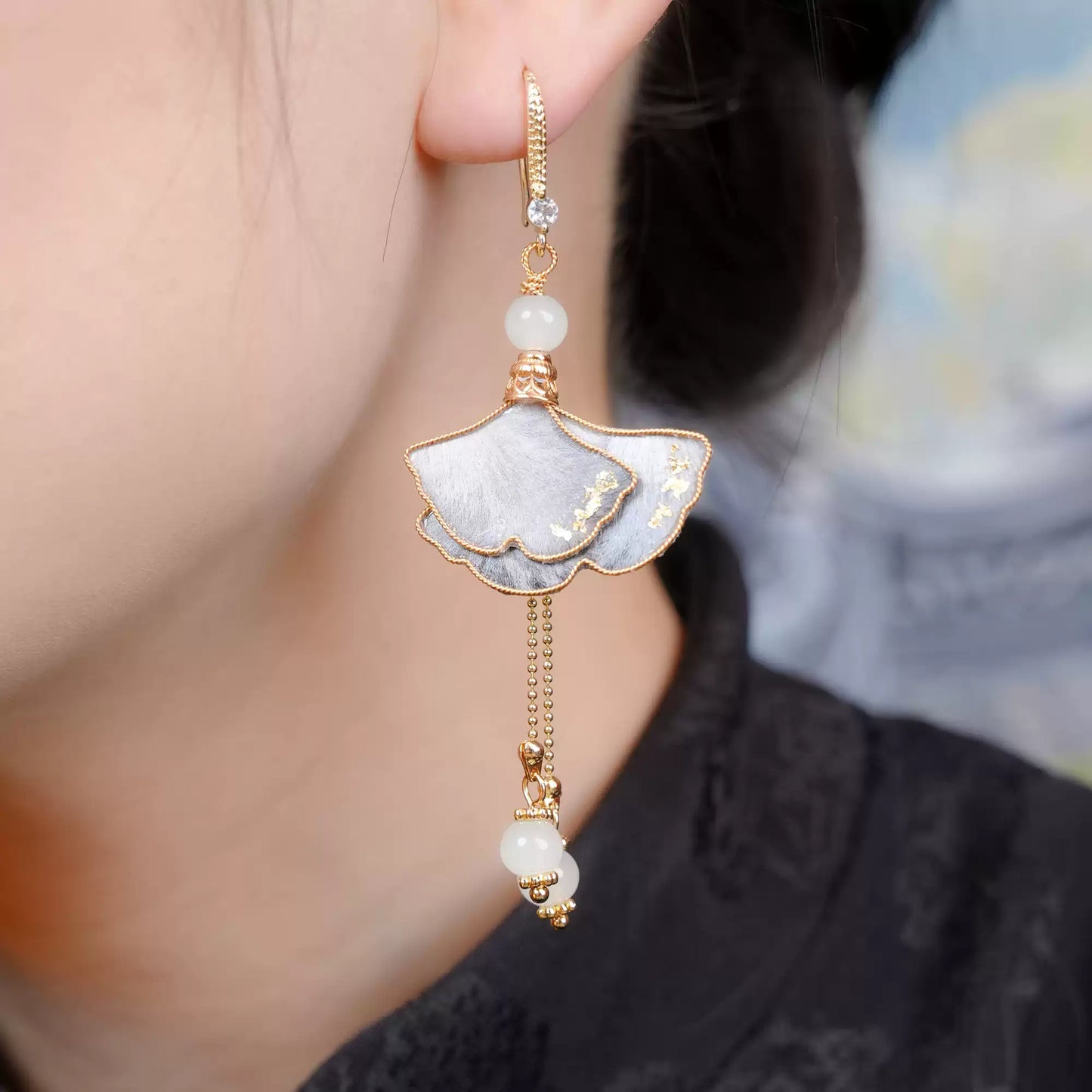 gray ginkgo leaves earrings