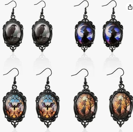 Retro oval pendant earrings - Halloween gothic ghost bat earrings