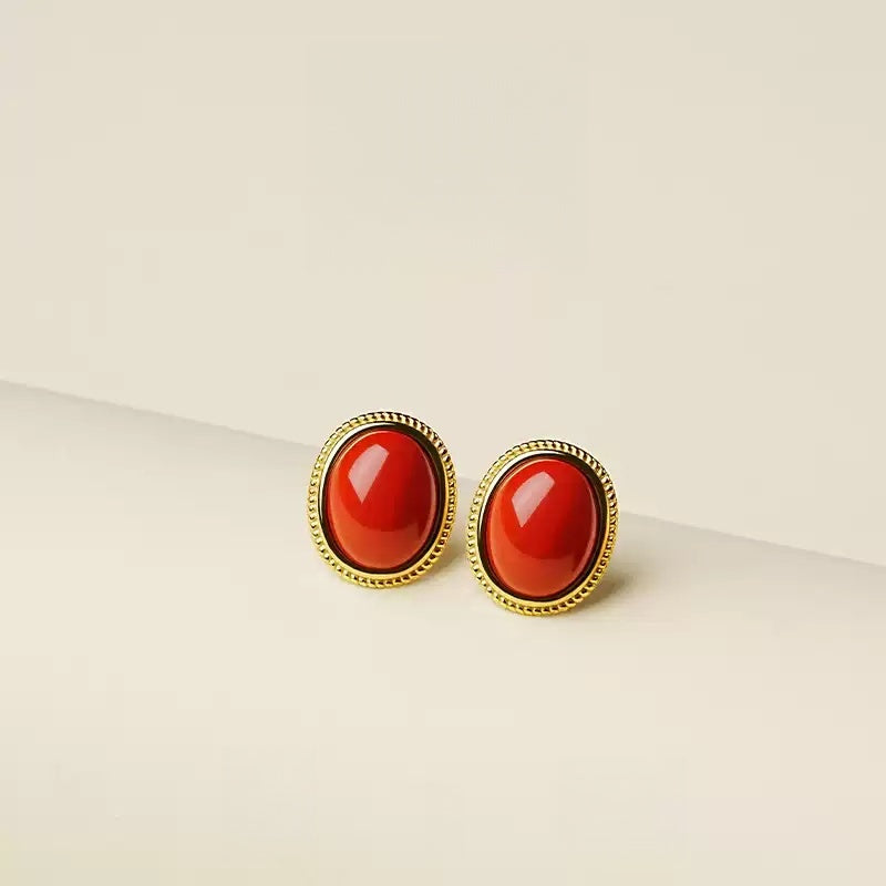 Gold-rimmed Ruby Earrings - Health & Longevity Gift