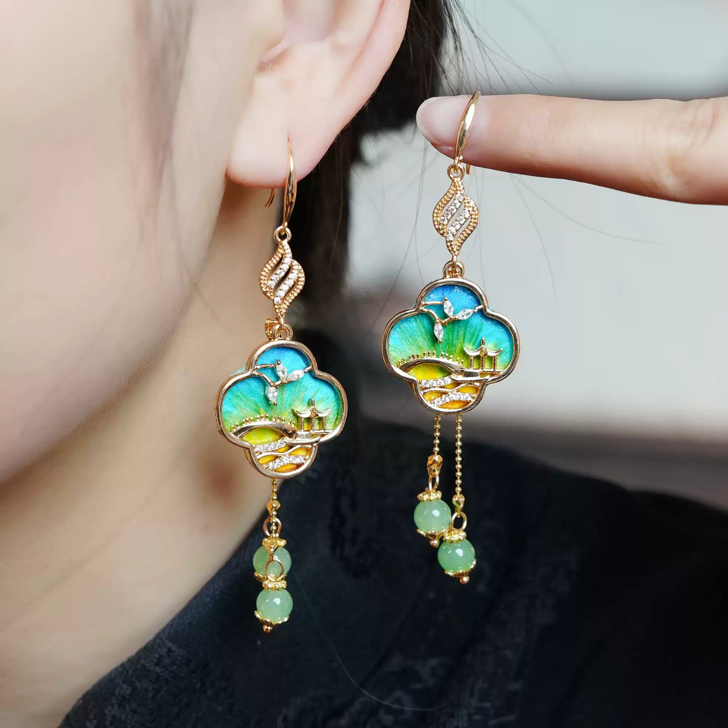 Green landscape design earrings