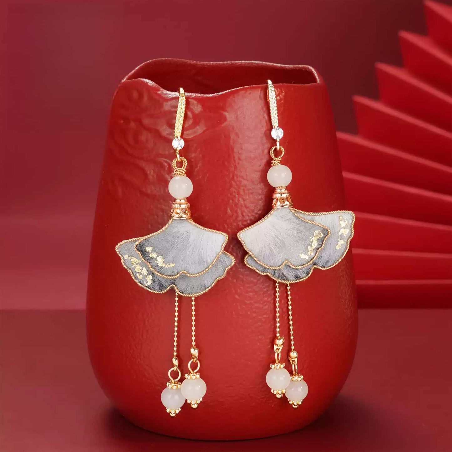 gray ginkgo leaves earrings