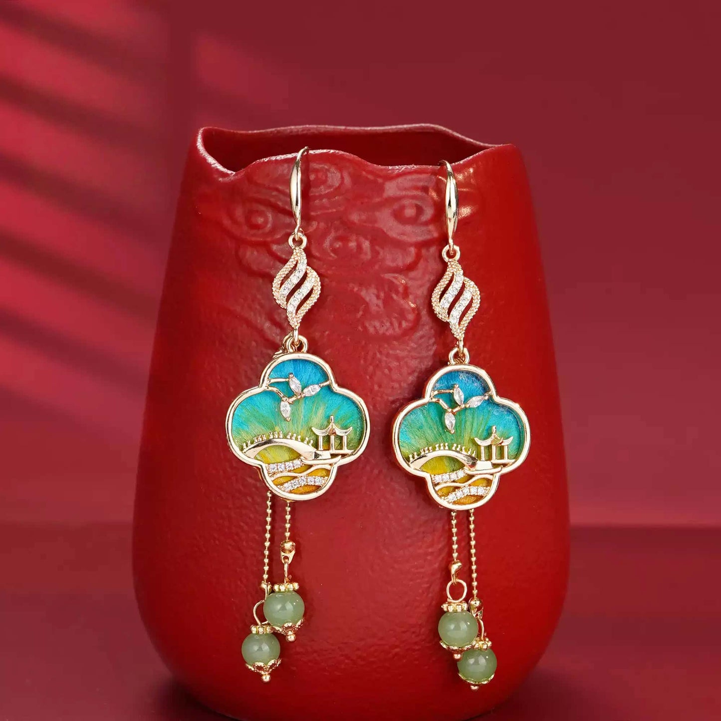 Green landscape design earrings