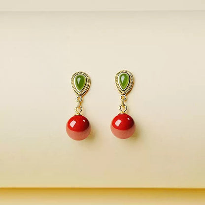Emerald Green Jade Cinnabar Earrings - Health & Longevity Gift