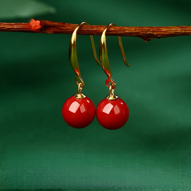 Golden Hook, Red Jade, and Cinnabar Earrings - Health & Longevity Gift