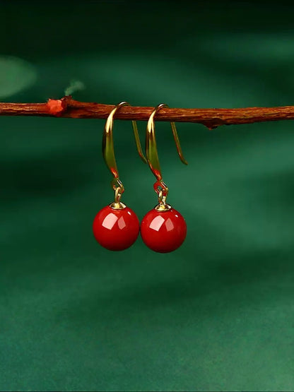 Golden Hook, Red Jade, and Cinnabar Earrings - Health & Longevity Gift