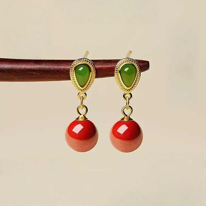 Emerald Green Jade Cinnabar Earrings - Health & Longevity Gift