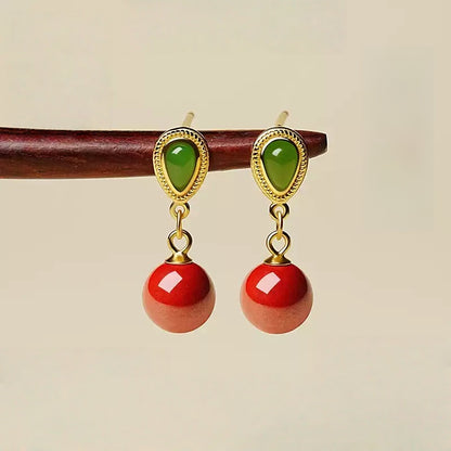Emerald Green Jade Cinnabar Earrings - Health & Longevity Gift