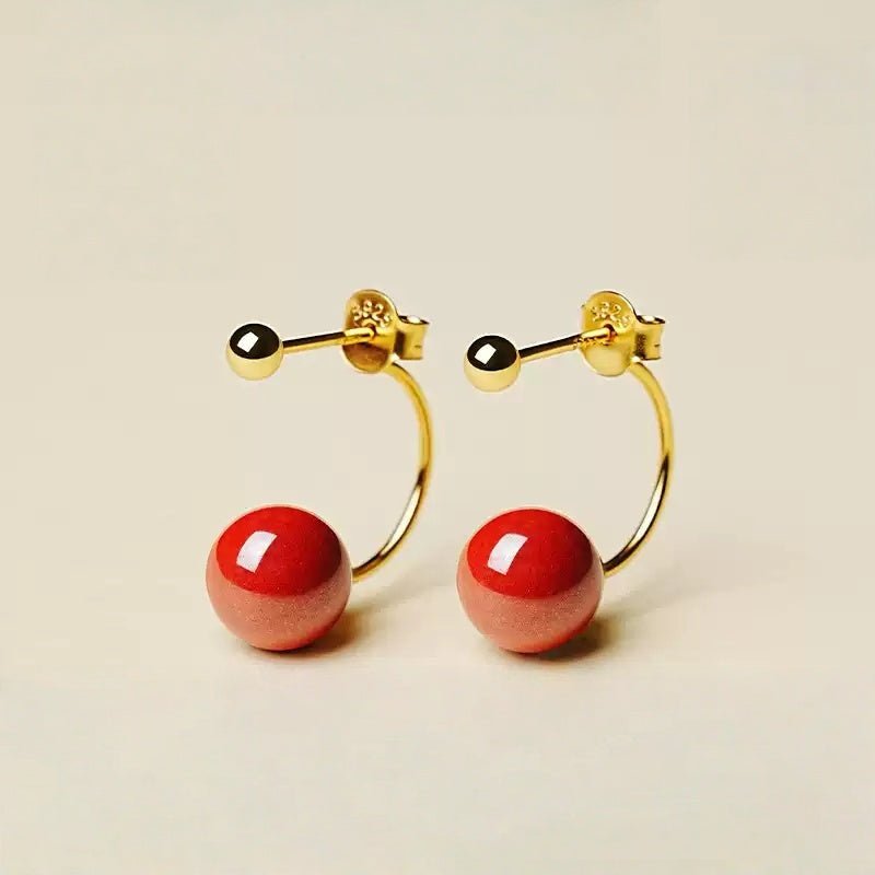 Gold hook polishes red jade and cinnabar Earrings - Health & Longevity Gift