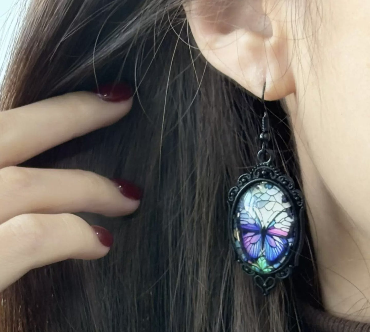 Retro oval pendant earrings - Halloween gothic ghost bat earrings